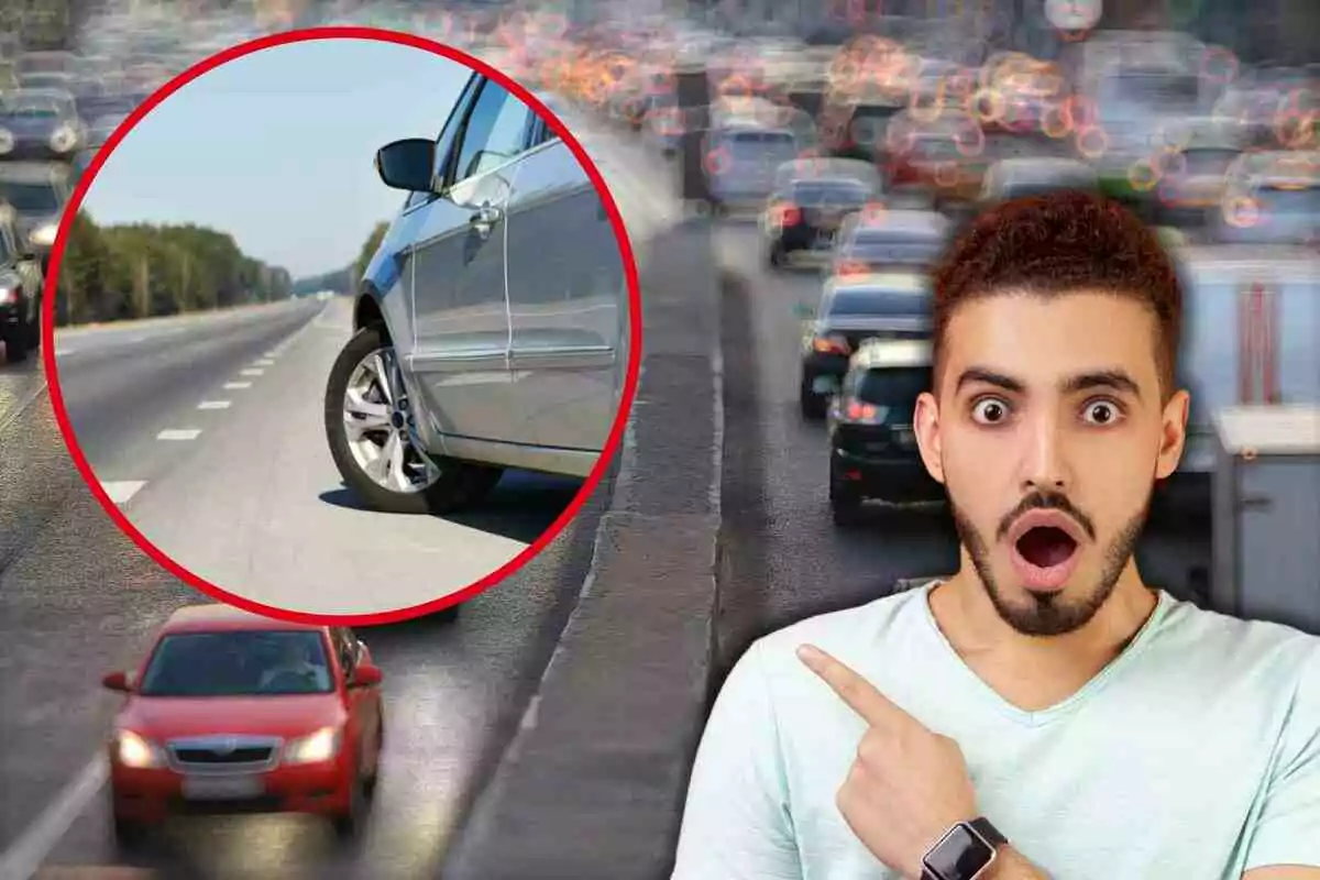 Fotomontaje con una imagen de fondo de coches en la carretera, la frente un hombre sorprendido y una redonda roja con un coche en la carretera