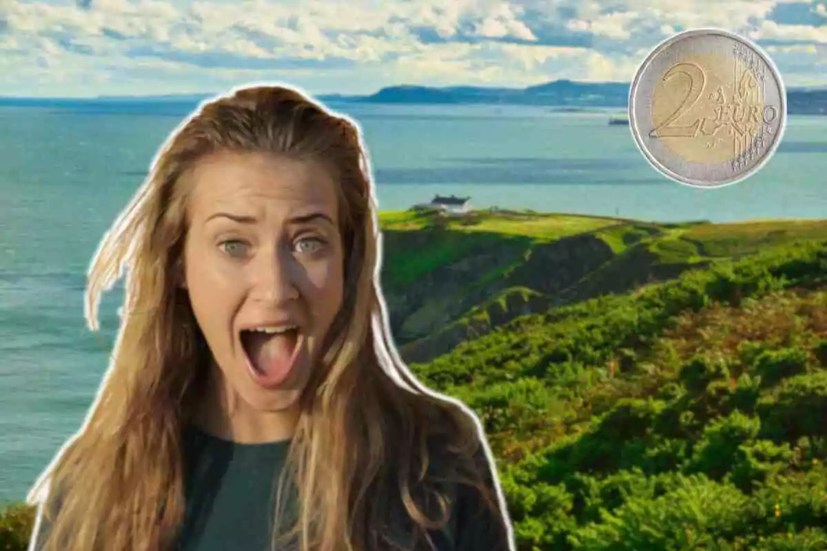 A woman with a surprised expression in front of a coastal landscape with a cliff and a blue sea, and a two euro coin floating in the air.