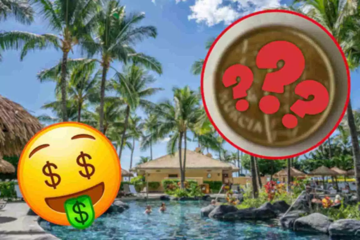 Un emoji con signos de dólar en los ojos y la lengua, junto a una moneda con signos de interrogación, sobre un fondo de un resort tropical con palmeras y una piscina.