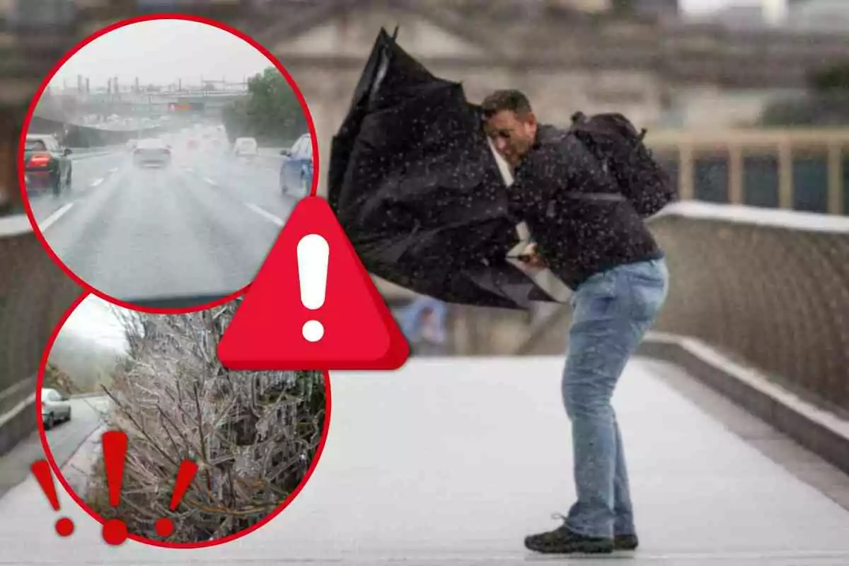 Hombre luchando contra el viento con un paraguas invertido en un puente mientras llueve con imágenes de advertencia de mal tiempo en la carretera y árboles cubiertos de hielo.