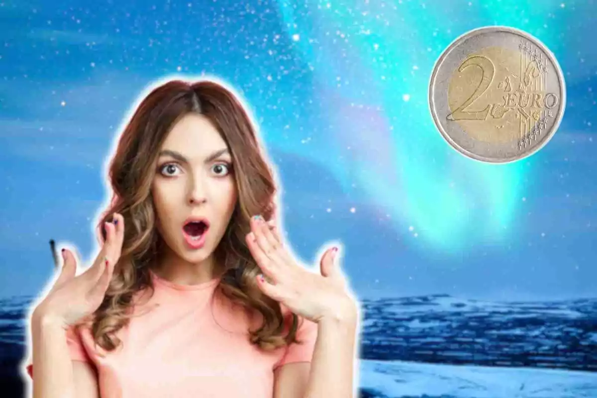 A woman with a surprised expression and a two euro coin floating against a background of the Northern Lights.