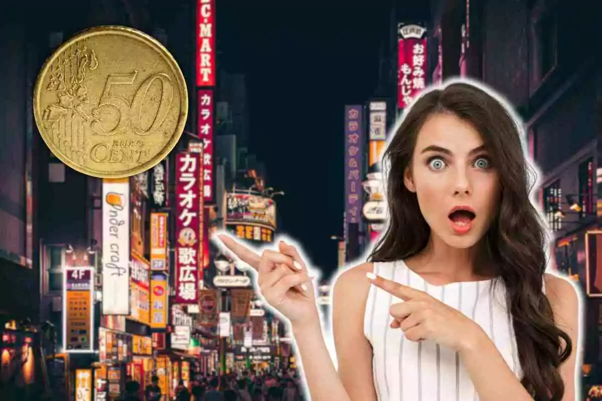 A surprised woman points toward an illuminated urban background with Japanese signs and a 50 euro cent coin floating in the air.