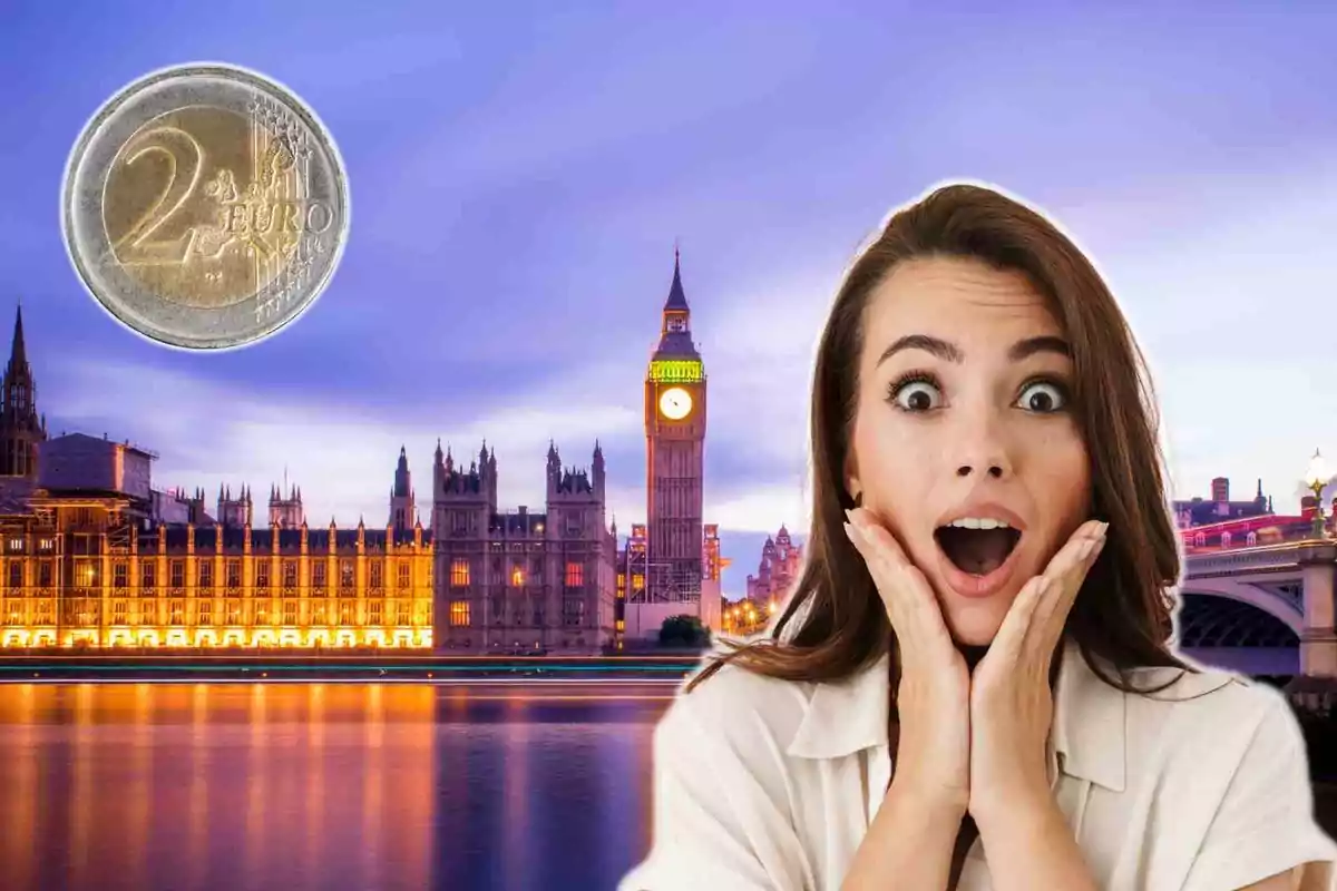 Woman surprised with a two euro coin and Big Ben in the background.