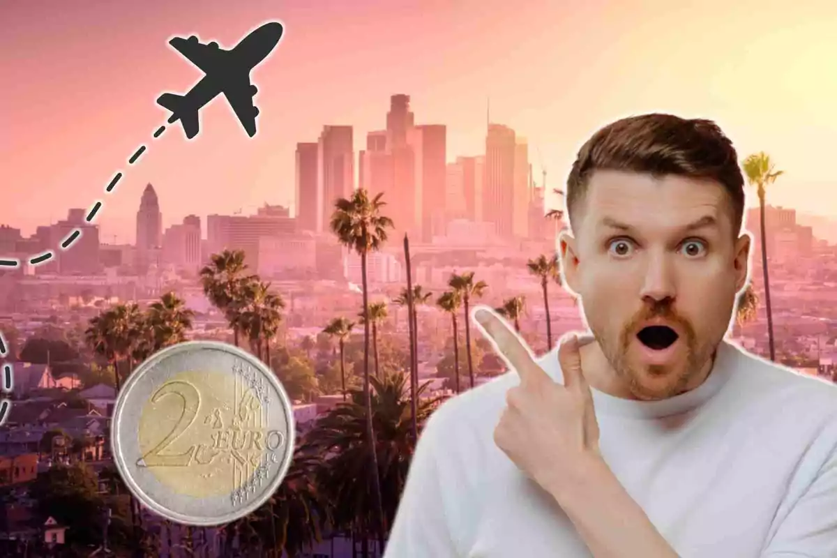 Hombre sorprendido señalando una moneda de dos euros con un fondo de Los Ángeles al atardecer y un avión en el cielo.