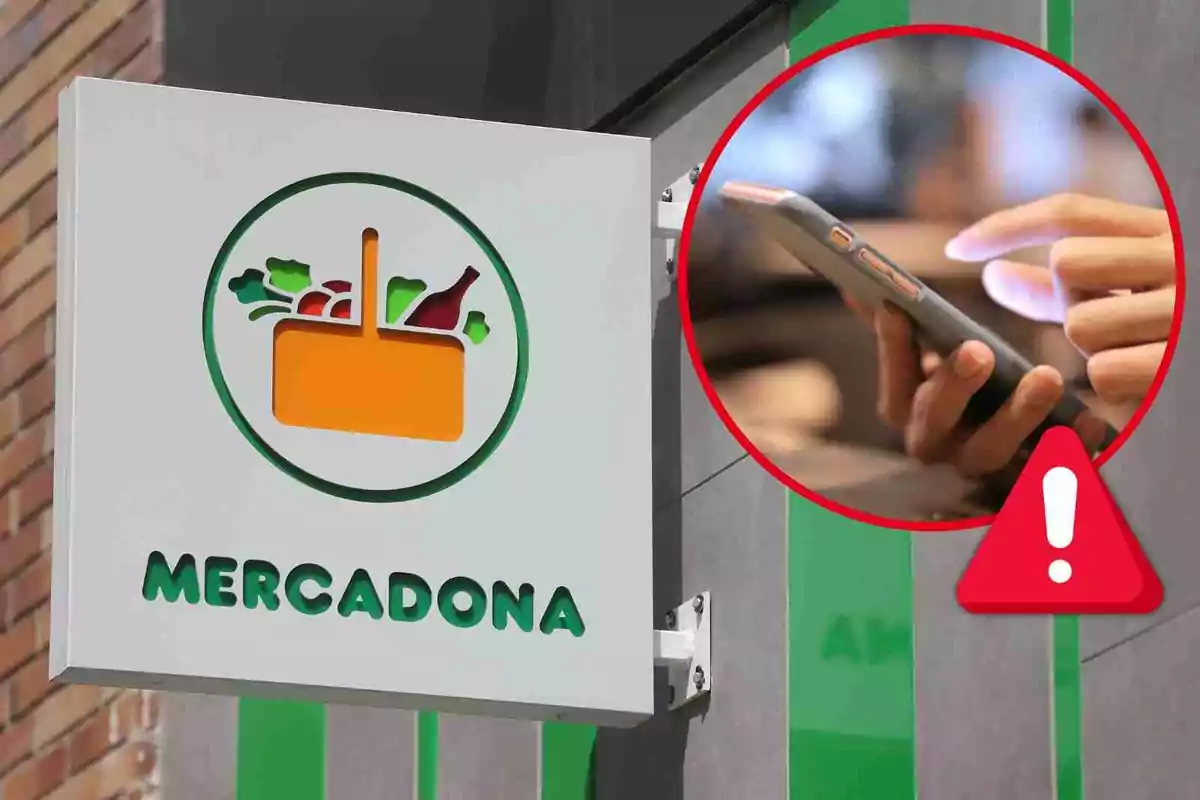 Letrero de Mercadona junto a una imagen de una persona usando un teléfono móvil con un icono de advertencia.