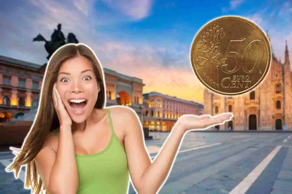 Woman caught holding a 50 euro cent coin in her hand in front of a historic building in Milan.