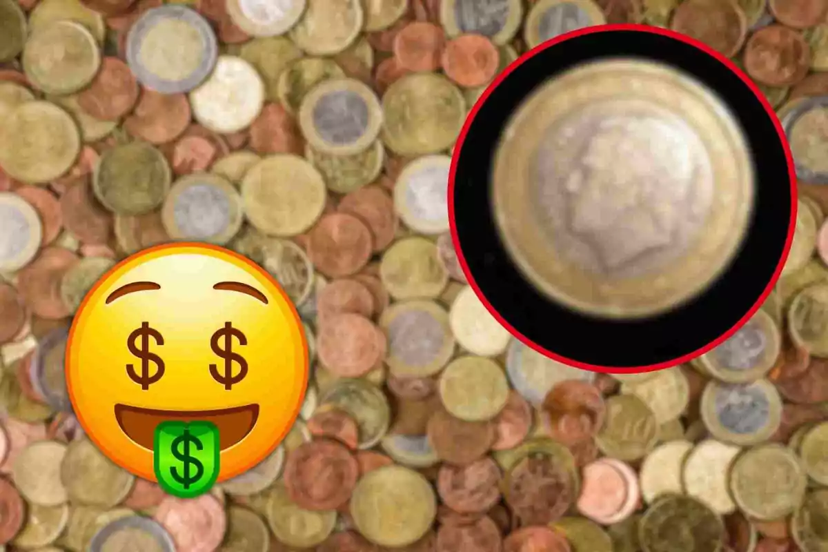 Una imagen de muchas monedas de diferentes denominaciones con un emoji de cara sonriente con signos de dólar en los ojos y la lengua, y un círculo rojo resaltando una moneda específica.