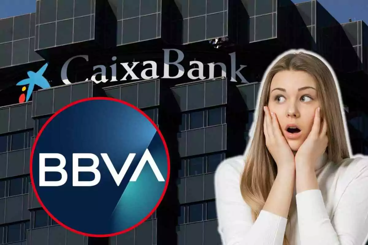 Una mujer con expresión de sorpresa frente a los logotipos de CaixaBank y BBVA.