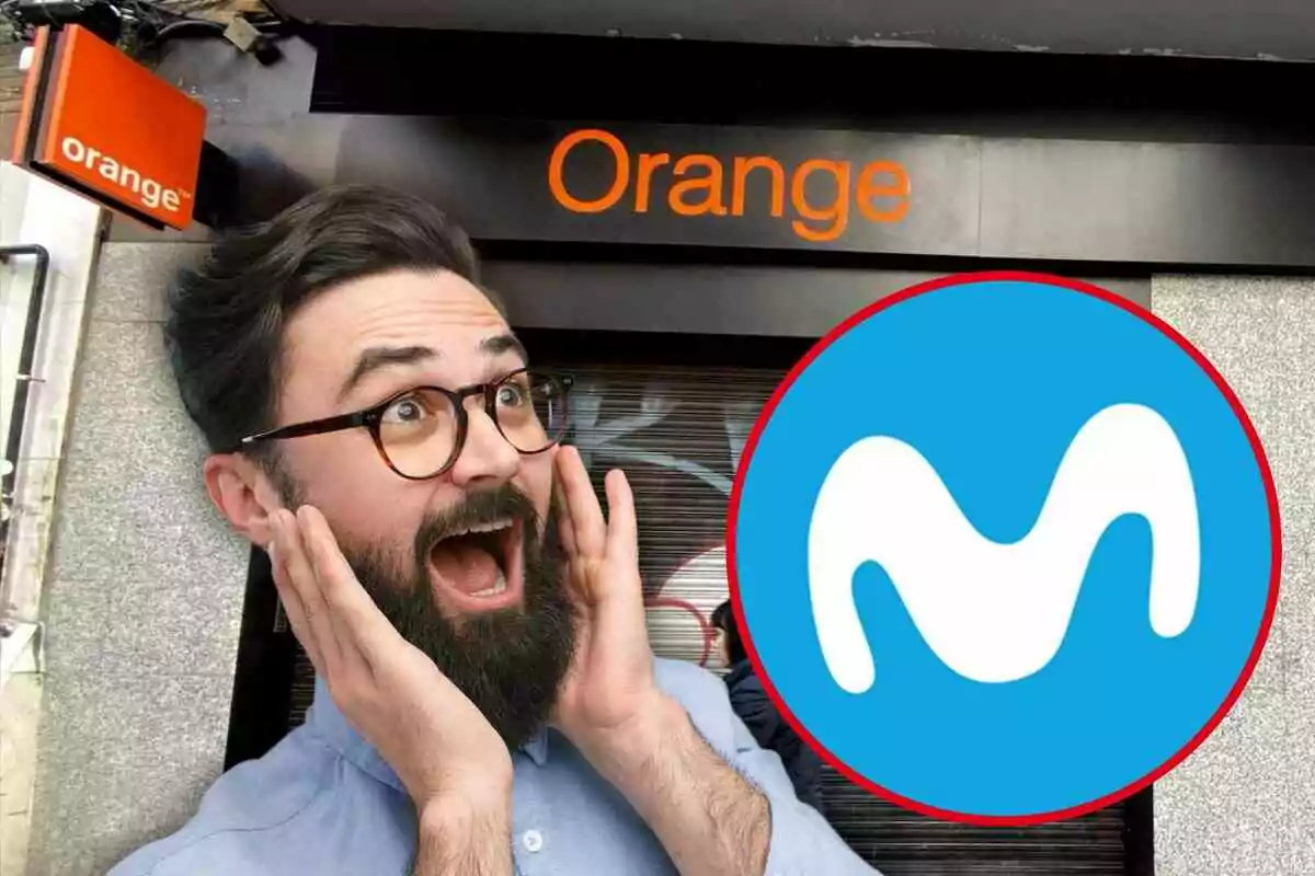 A bearded man with glasses looks surprised in front of an Orange store, with the Movistar logo superimposed on the image.