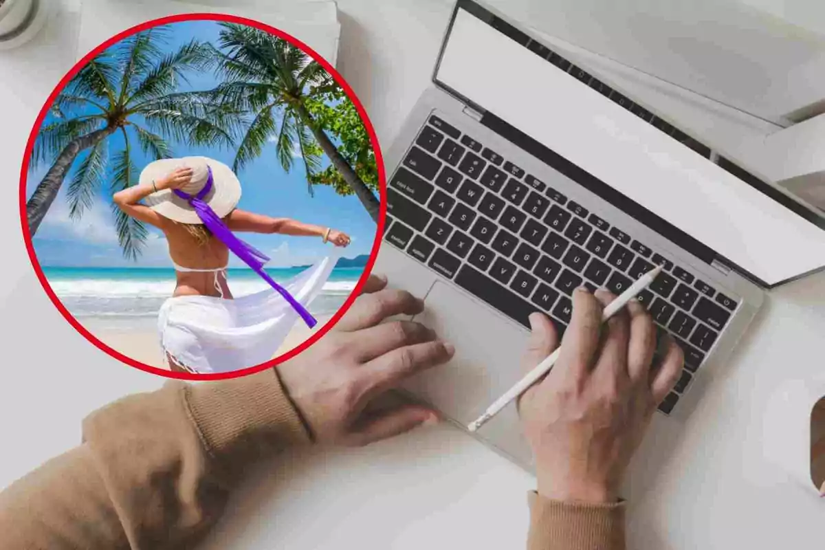 Persona trabajando en una computadora portátil con una imagen de una mujer en la playa superpuesta.