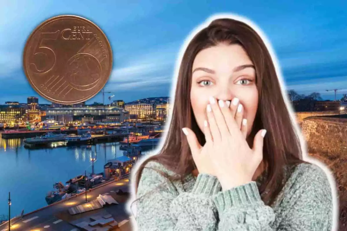 A woman with a shocked expression covers her mouth as a large euro cent floats above an illuminated harbour at dusk in Oslo.