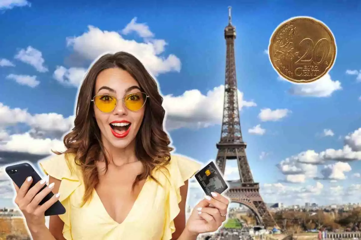 Smiling woman in yellow glasses holding a phone and a credit card in front of the Eiffel Tower with a 20 cent coin floating in the sky.