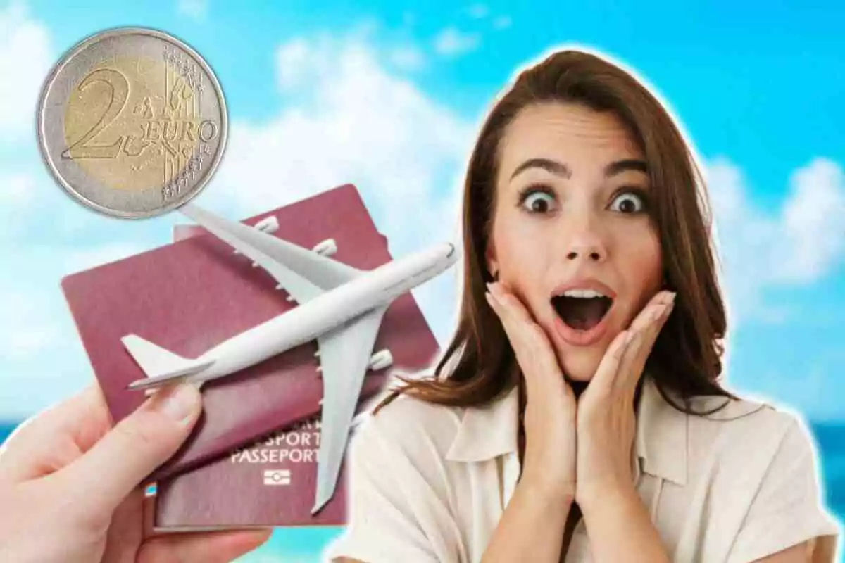 Mujer sorprendida con pasaportes y un avión en miniatura, junto a una moneda de dos euros sobre un fondo de cielo azul.