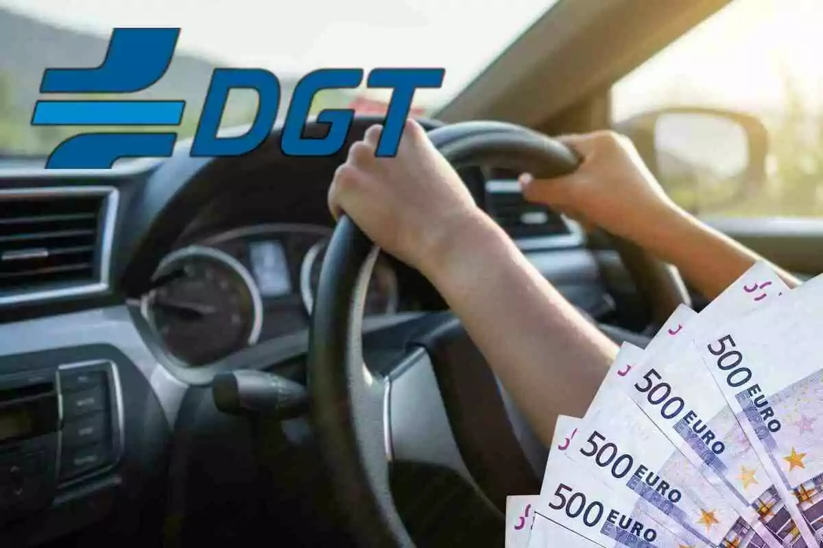 Fotomontaje de una persona al volante, el logo de la DGT y billetes de 500 euros al frente