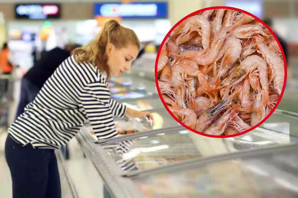 Una mujer con camiseta de rayas busca productos en un congelador de supermercado con un círculo que muestra una imagen de camarones. Una mujer con camiseta de rayas busca productos en un congelador de supermercado con un círculo que muestra una imagen de camarones.