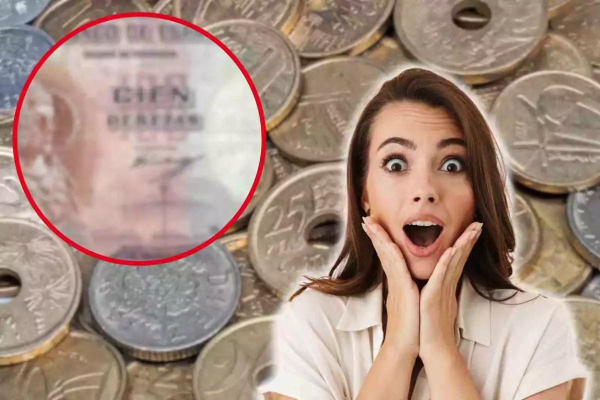 Fotomontaje con una imagen de fondo de pesetas, al frente una redonda roja con un billete difuminado de 1.000 pesetas y una mujer sorprendida