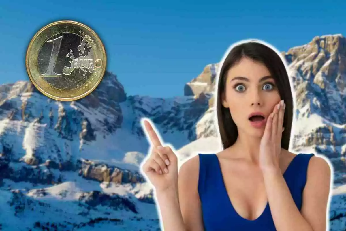 Mujer sorprendida señalando una moneda de un euro sobre un fondo de montañas nevadas.