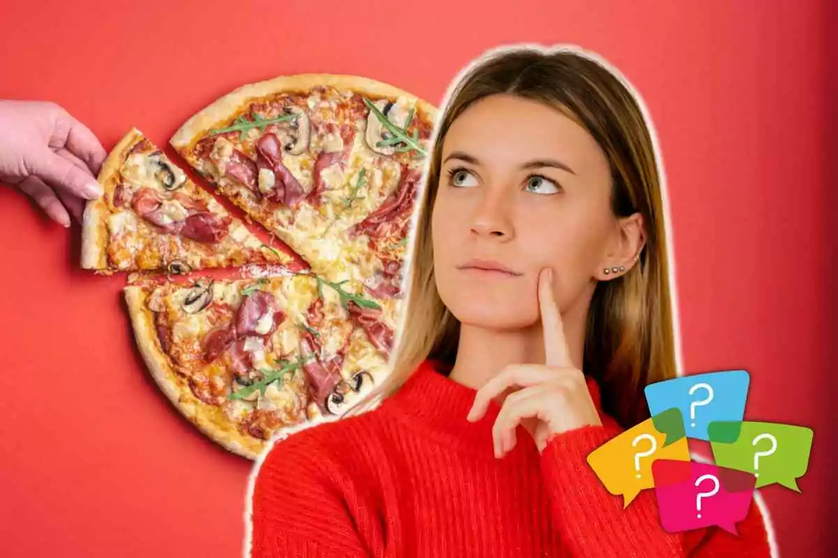 Una persona pensativa con un fondo rojo junto a una pizza y varios iconos de signos de interrogación.