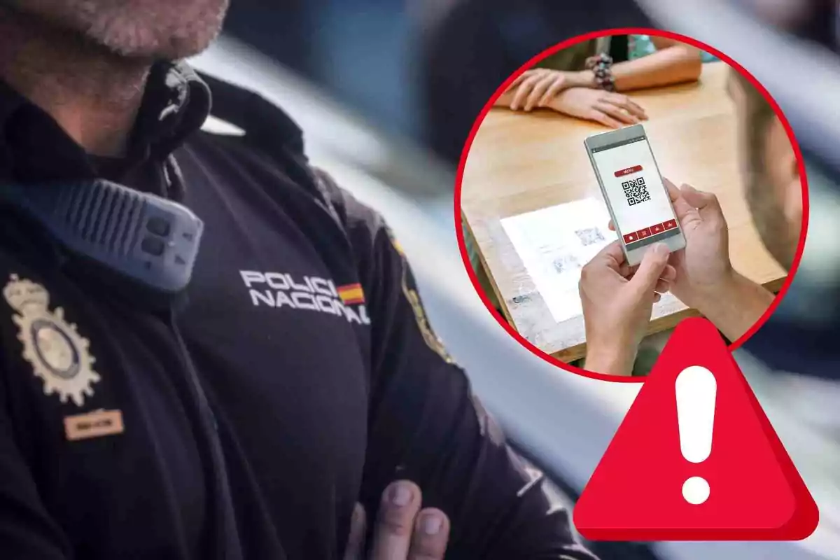 Fotomontaje con una imagen de fondo de un agente de la Policía Nacional al frente una redonda roja con un código QR en un restaurante y un símbolo de alerta