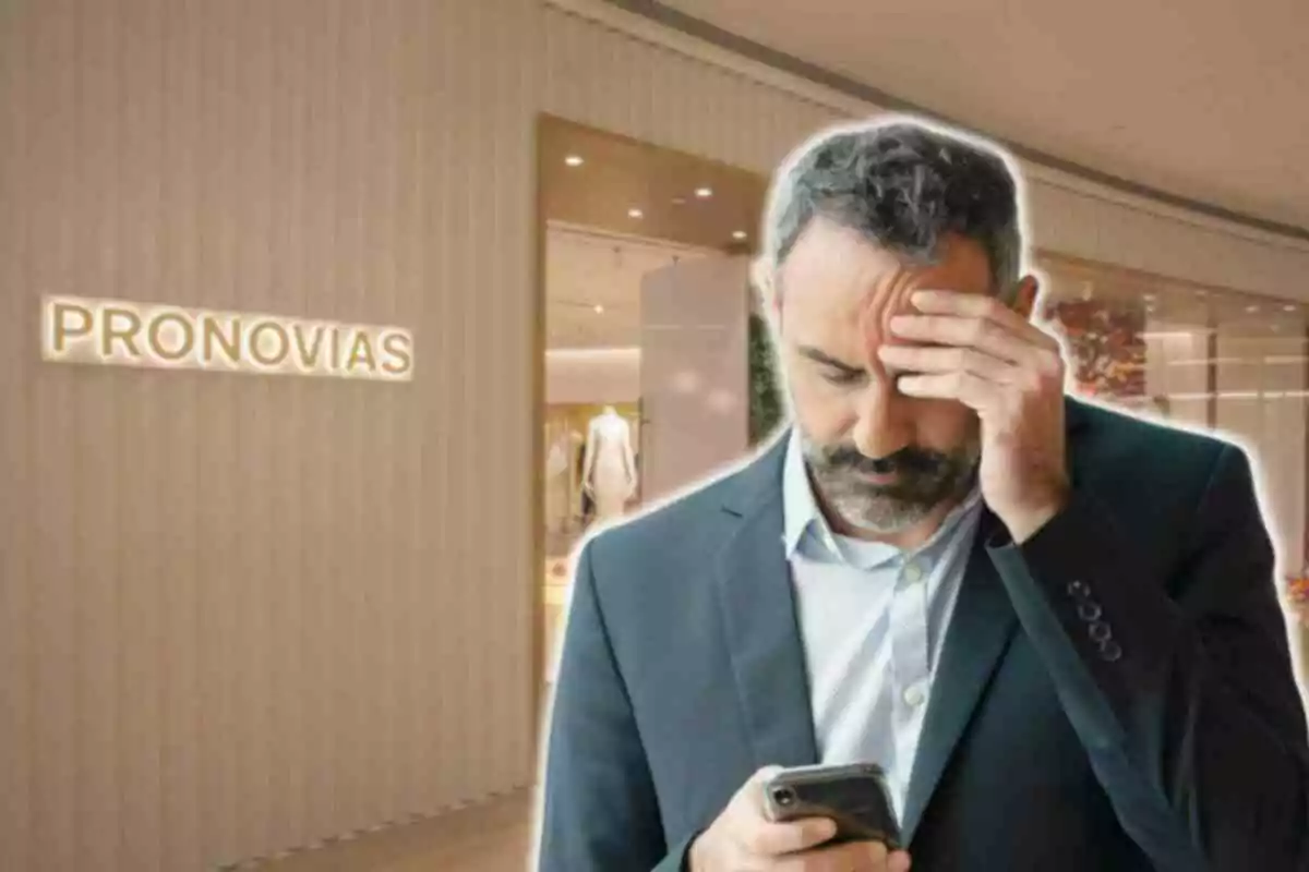 Hombre con traje oscuro y expresión preocupada mirando su teléfono frente a una tienda de Pronovias.