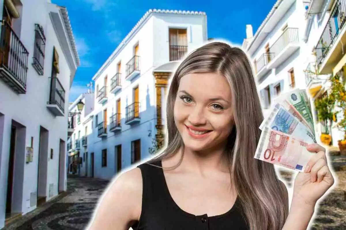 Fotomontaje con una imagen de fondo de un pueblo de España y una mujer al frente con billetes de euro en la mano
