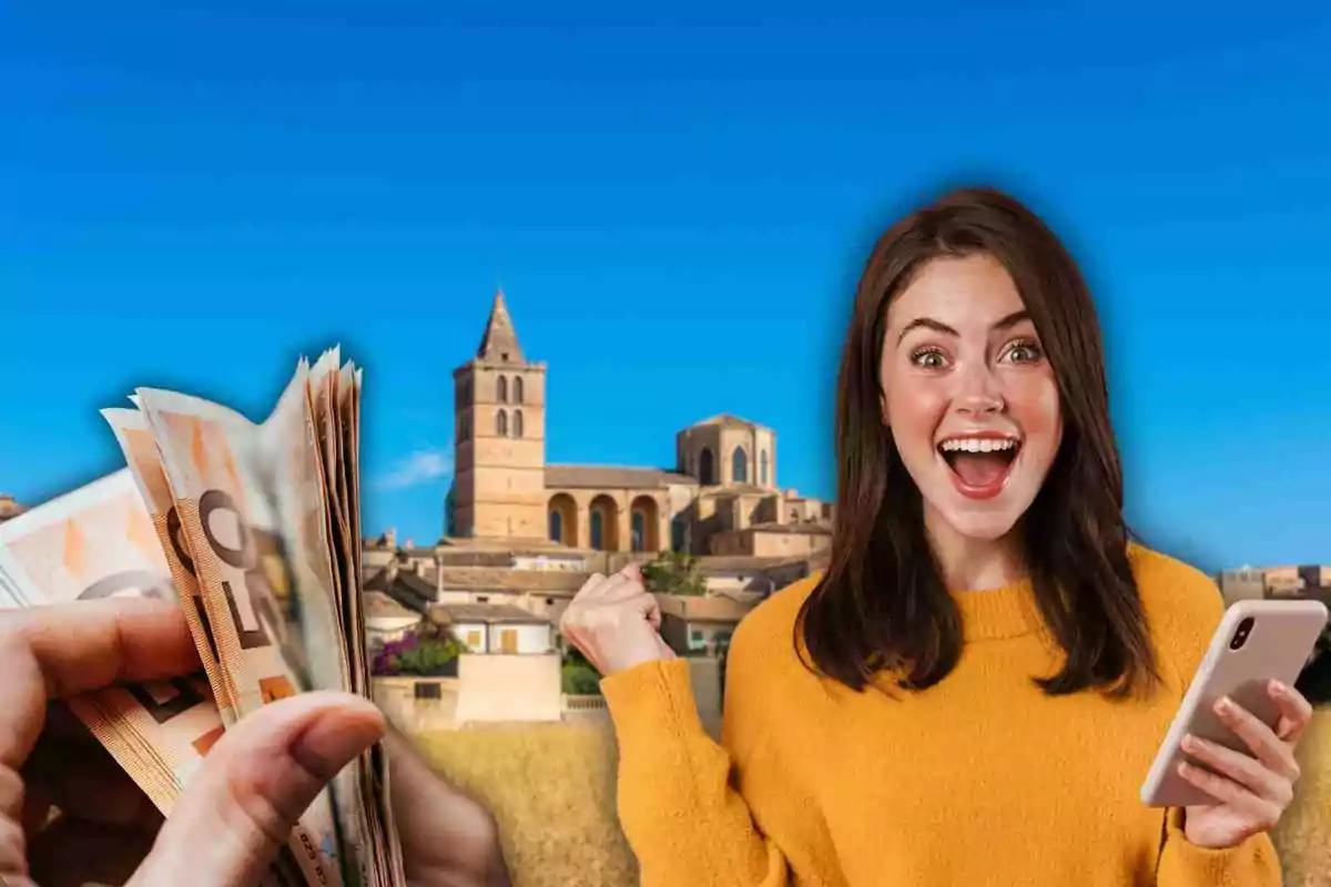 Mujer sonriente con un teléfono móvil en la mano, fondo de una iglesia y una persona contando billetes de euro.