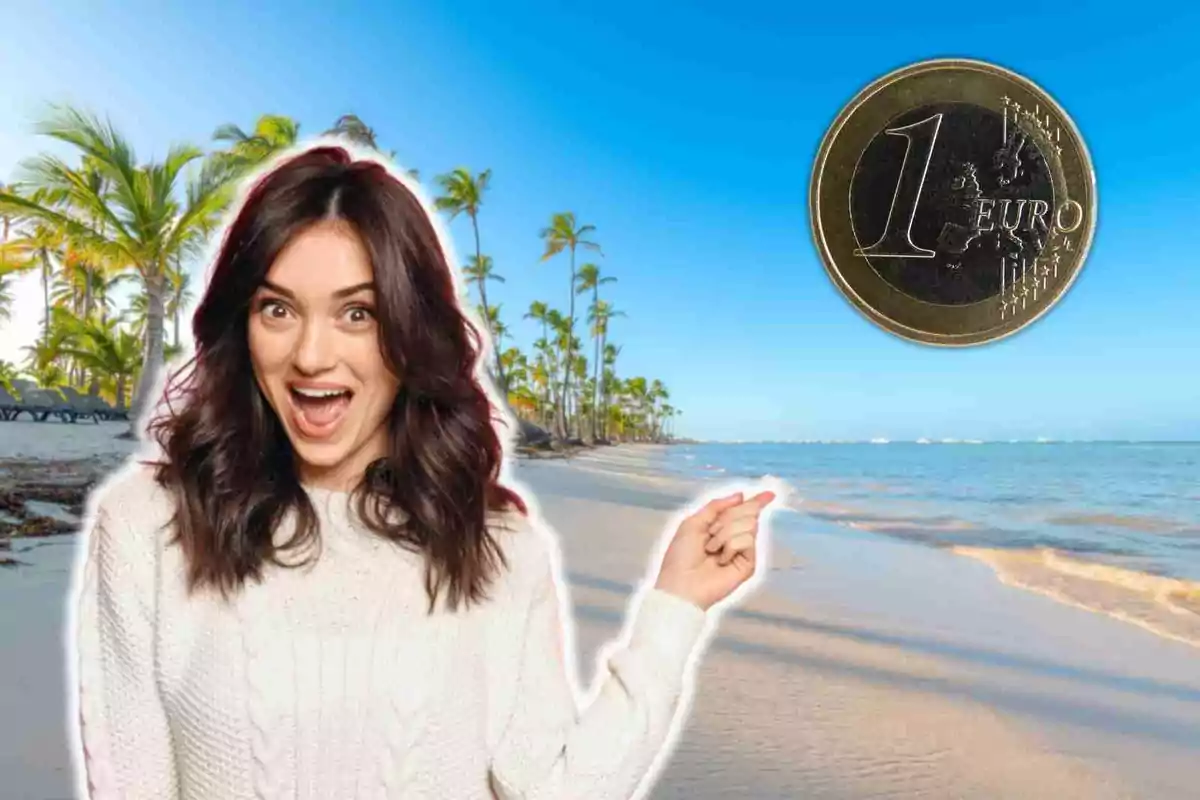 Una mujer sonriente en la playa con una moneda de un euro flotando en el aire.