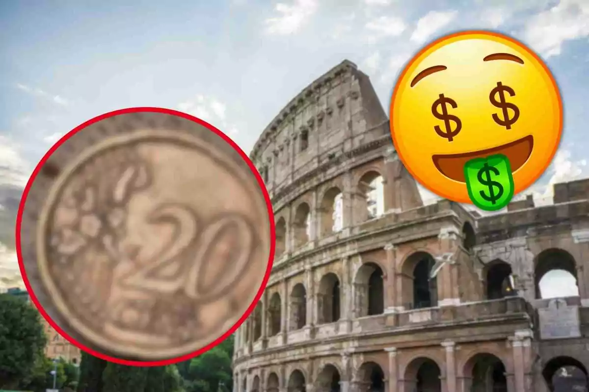 Una moneda de 20 céntimos y un emoji con signos de dólar en los ojos y lengua sobre el Coliseo de Roma.