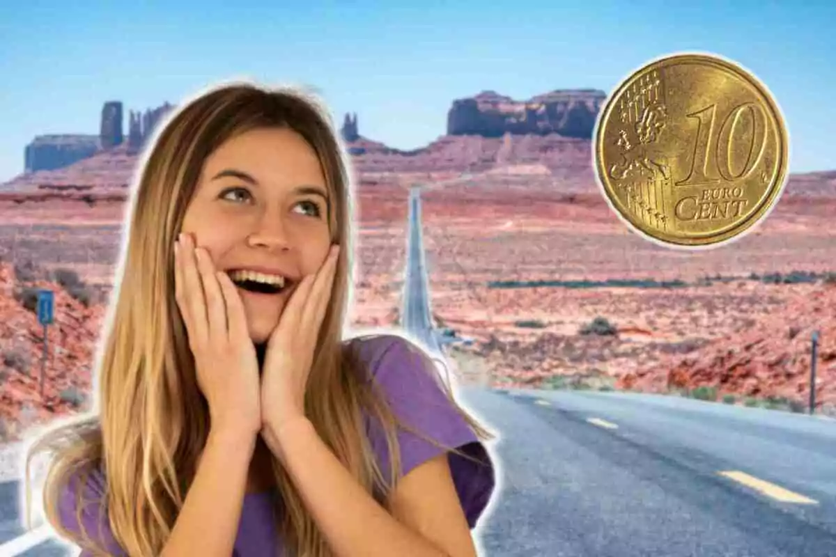 A smiling young woman with her hands on her cheeks stands in front of a desert landscape with a road stretching toward the horizon and a 10 euro cent coin floating in the air.