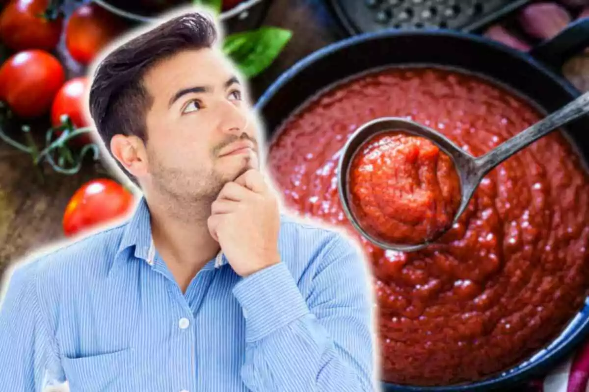 Hombre pensativo con camisa azul frente a una olla de salsa de tomate y tomates frescos.