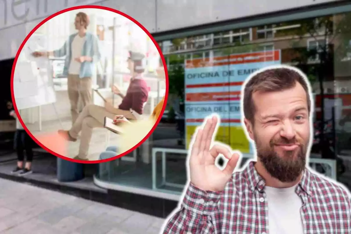 Fotomontaje con una imagen de fondo de una oficina del SEPE, al frente un hombre haciendo el gesto de 'ok' con la mano y una redonda roja con un curso