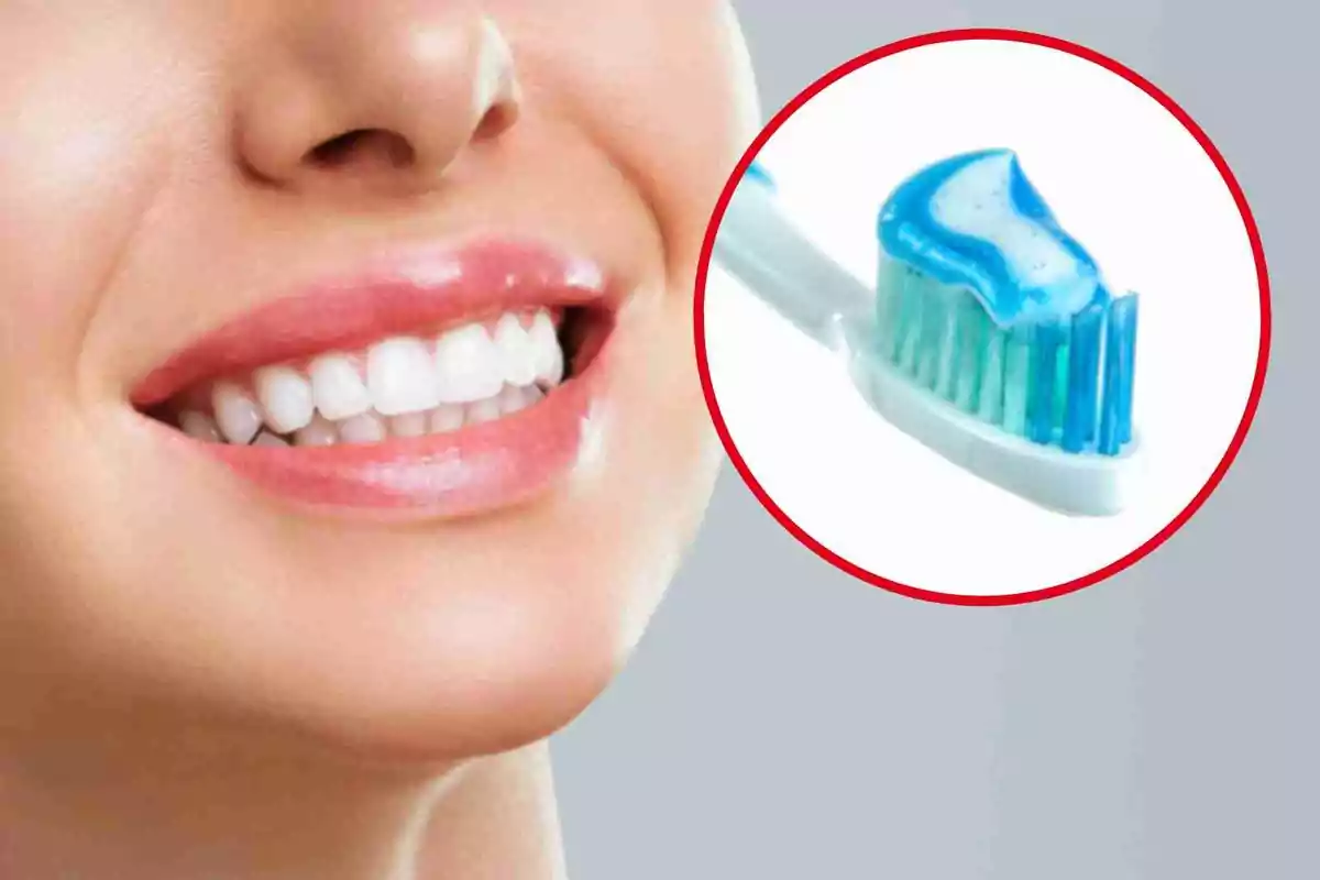 Una persona sonriendo con dientes blancos y un cepillo de dientes con pasta dental en un círculo destacado. Una persona sonriendo con dientes blancos y un cepillo de dientes con pasta dental en un círculo destacado.