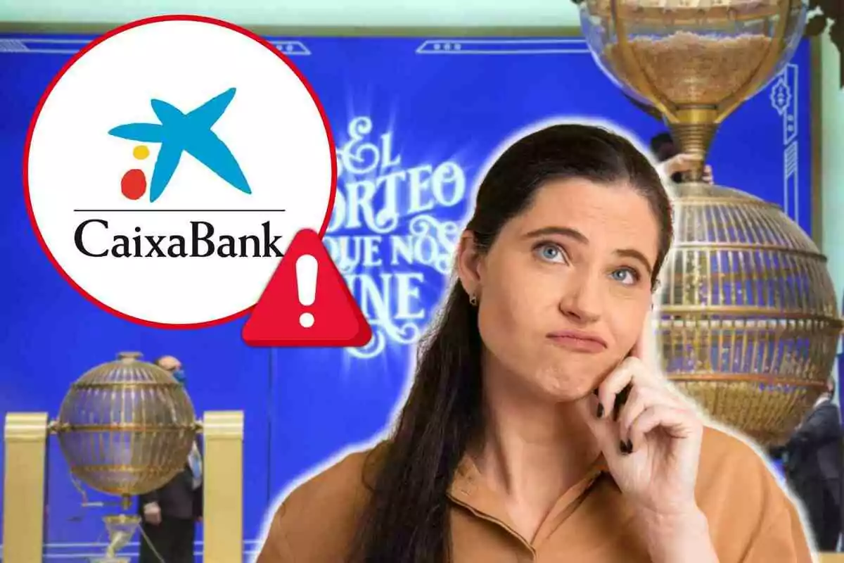 Una mujer pensativa con fondo de un sorteo de lotería y el logo de CaixaBank con un símbolo de advertencia.