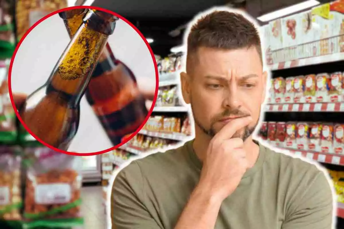 Hombre pensativo en un supermercado con un círculo que muestra botellas de cerveza chocando.