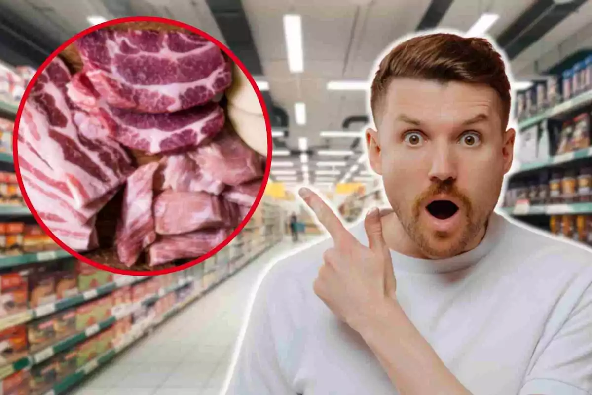 Hombre sorprendido en un supermercado señalando un círculo que muestra cortes de carne.