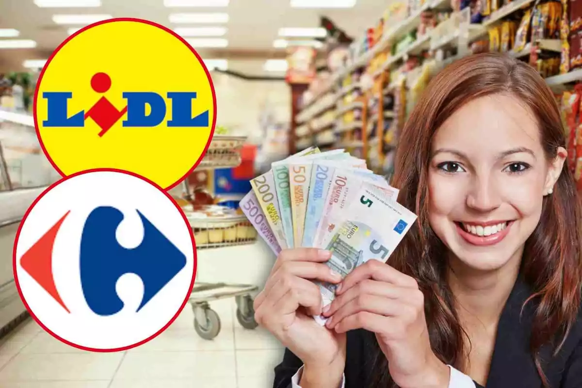 Una mujer sonriente sostiene billetes de euro en un supermercado con los logotipos de Lidl y Carrefour en la imagen.