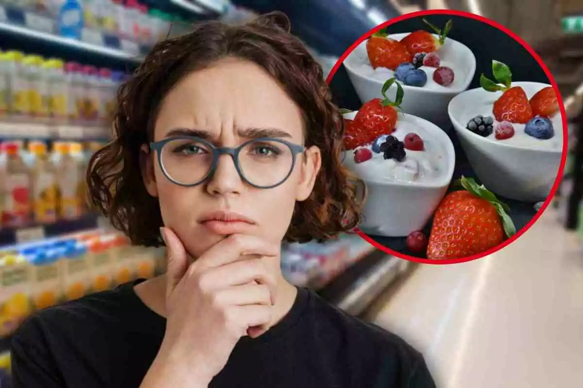 Mujer pensativa en un supermercado con una imagen de yogur con frutas en un círculo rojo.