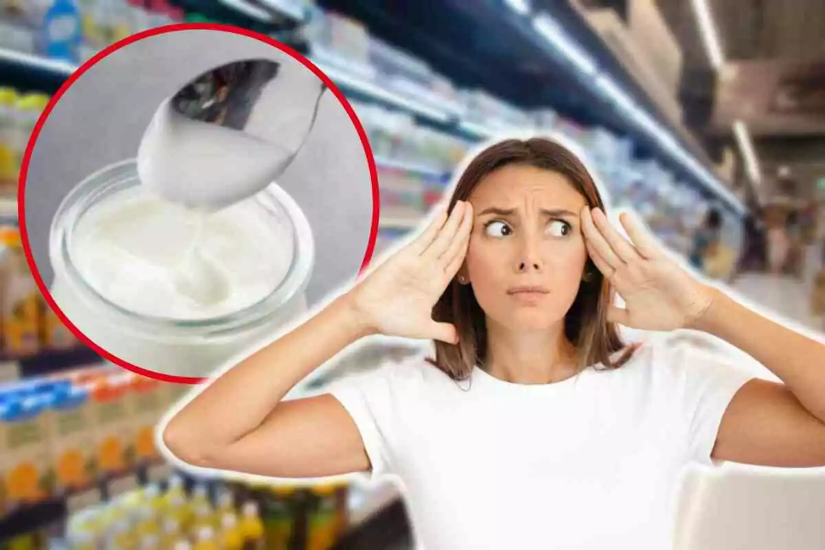 Una mujer con expresión de preocupación en un supermercado con una imagen insertada de un frasco de yogur y una cuchara.