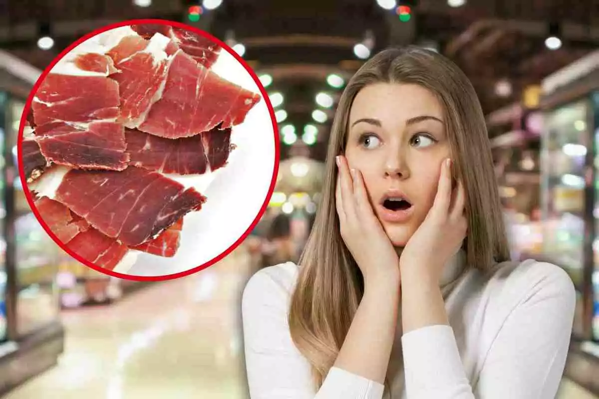 Una mujer con expresión de sorpresa en un supermercado, con un círculo que muestra lonchas de jamón.