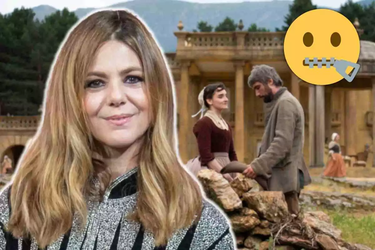 Manuela Velasco sonriente en primer plano con una escena de 'Valle salvaje' en el fondo y un emoji de silencio.