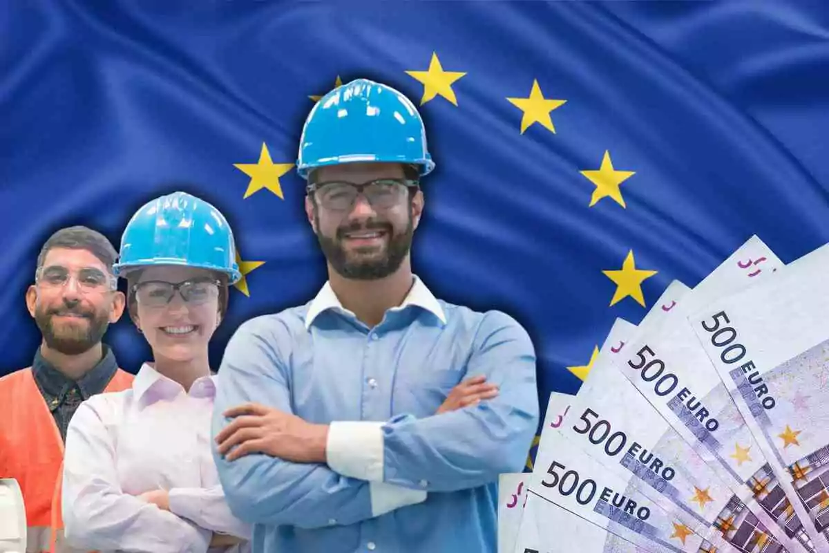 Fotomontaje con una imagen de fondo de una bandera europea con operarios y un abanico de billetes de 500 euros