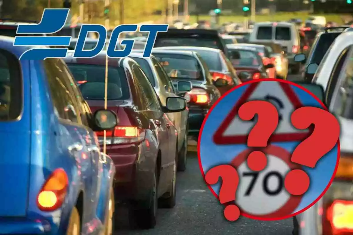 Fotomontaje con una imagen de fondo de coches en una carretera y al frente una redonda roja con señales e interrogantes y el logo de la DGT