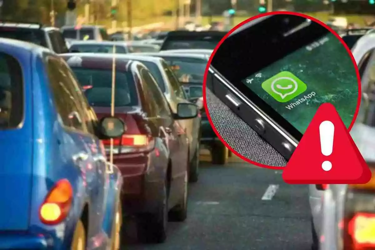 Fotomontaje con una imagen de fondo de coches en la carretera, una redonda roja con un móvil con WhatsApp y un símbolo de alerta al frente