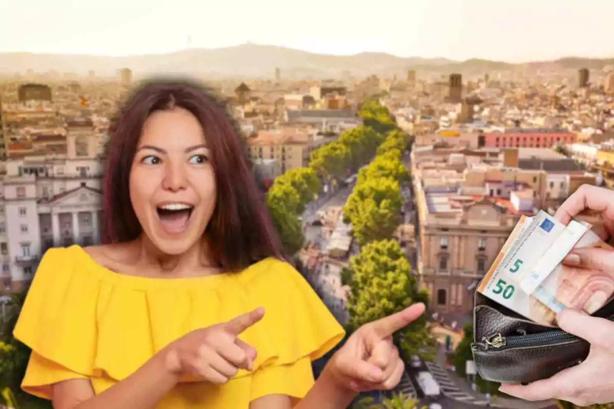 Fotomontaje con una imagen de fondo de Barcelona y al frente una mujer alegre señalando y una cartera con billetes de euro