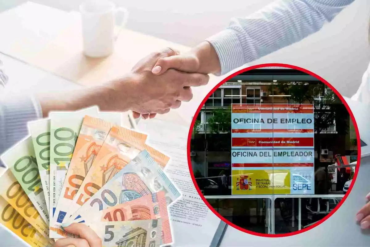 Un apretón de manos, billetes de euro y una oficina de empleo en Madrid.