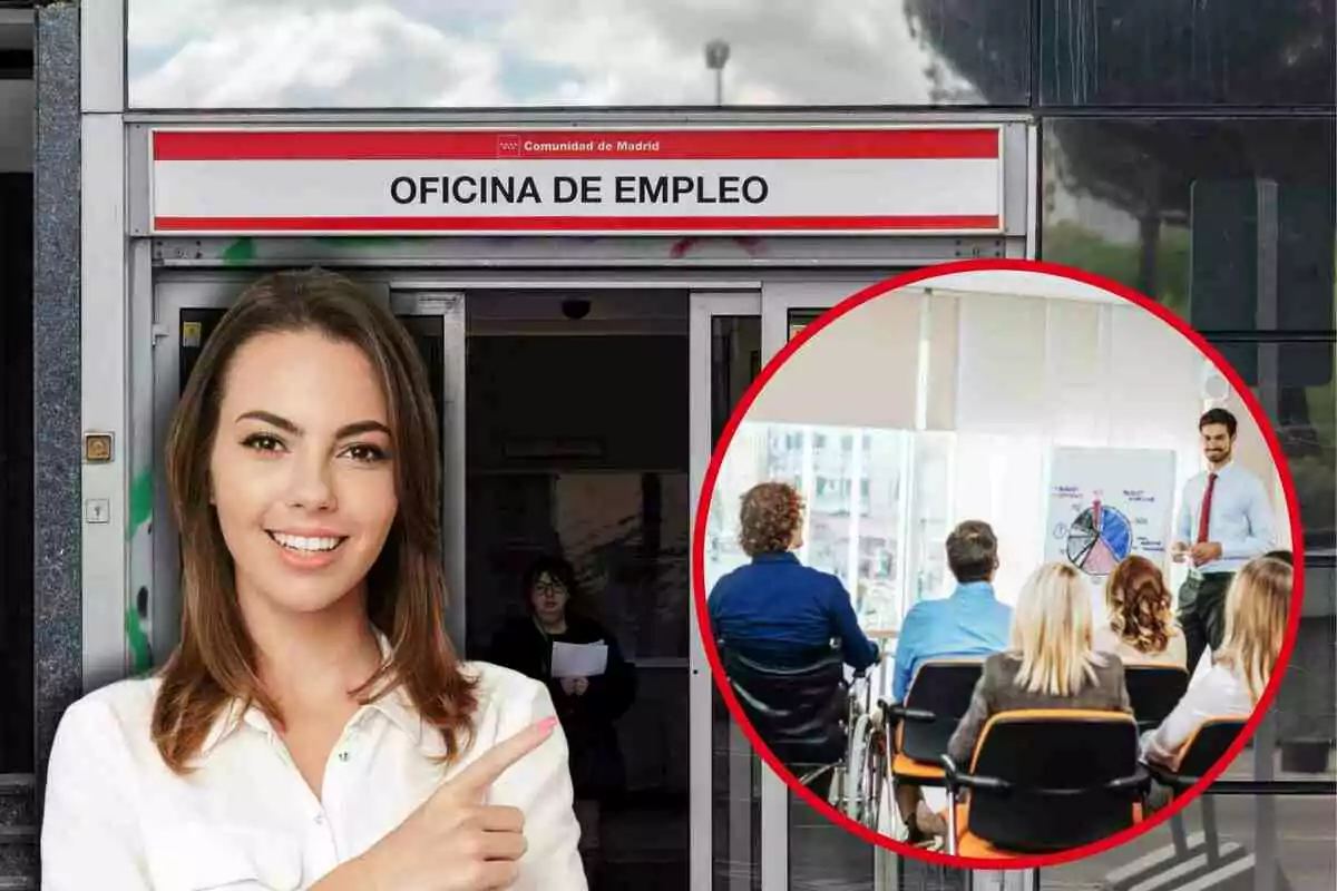 Fotomontaje con una imagen de fondo de una oficina del SEPE en Madrid y una redonda roja con un curso y una persona feliz señalando