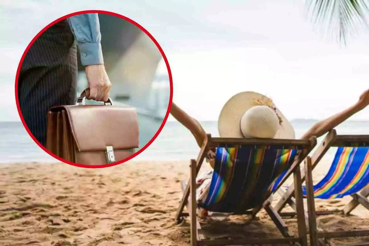 Persona con maletín en un círculo rojo superpuesto a una imagen de una persona relajándose en una silla de playa.
