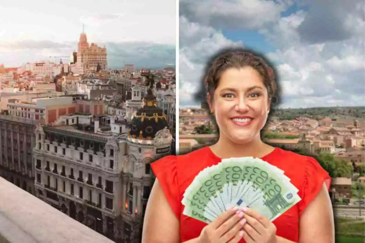Una mujer sonriente sosteniendo billetes de euro frente a un paisaje urbano.