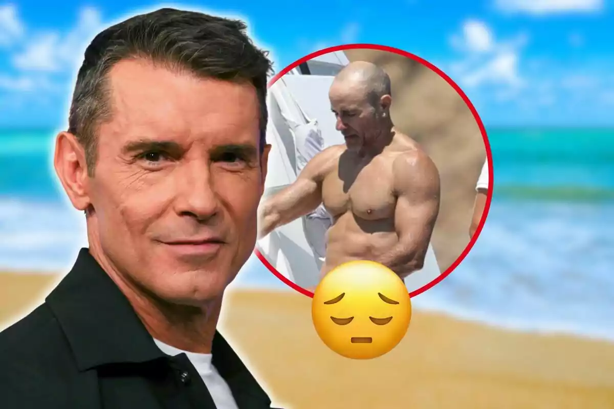 Un hombre con una camisa negra aparece en primer plano, mientras que en el fondo se ve una playa y un círculo rojo que contiene la imagen de un hombre musculoso sin camisa junto a un emoji de cara triste.