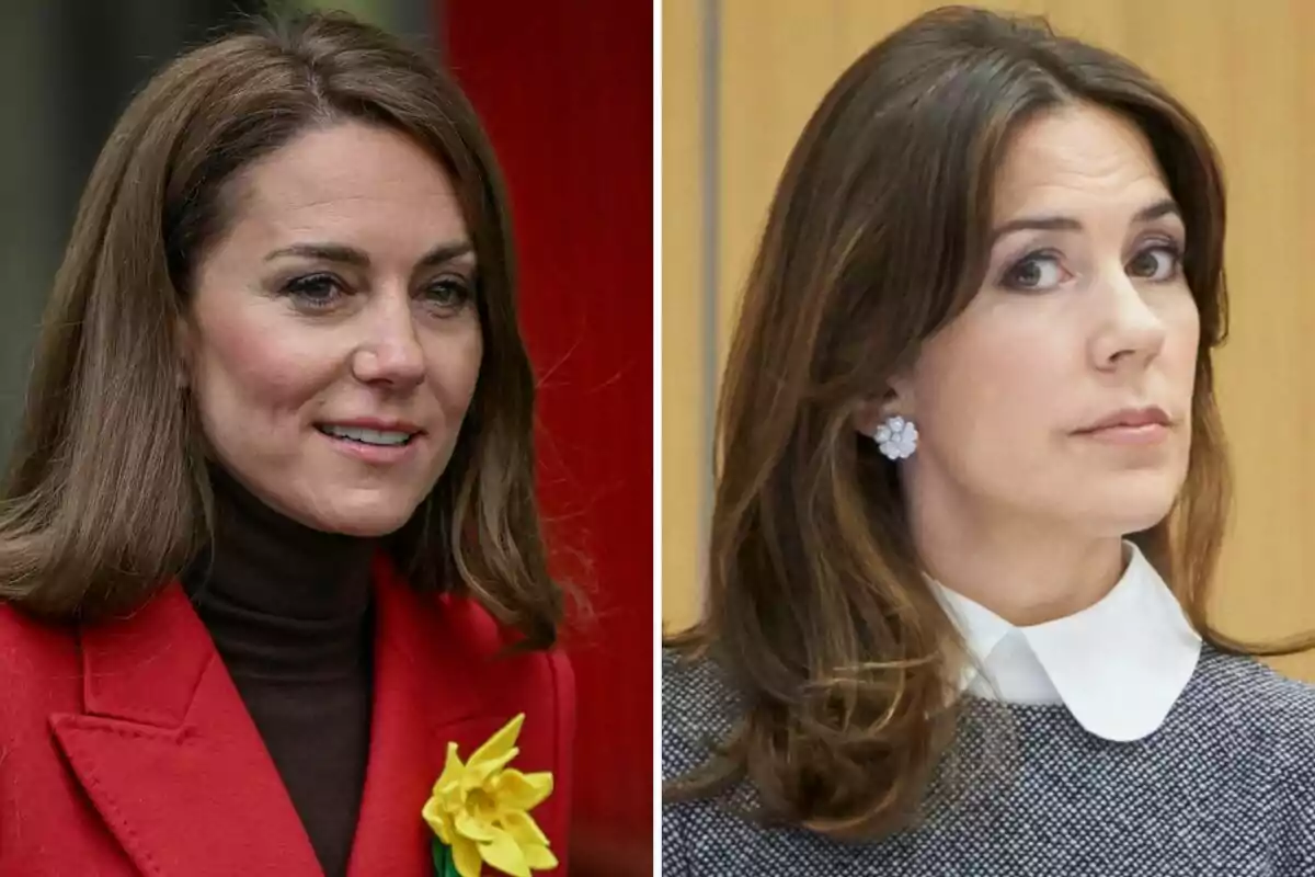 Two women with brown hair, one wearing a red coat and the other a gray sweater with a white collar. Two women with brown hair, one wearing a red coat and the other a gray sweater with a white collar.